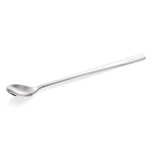 Langer Edelstahl-Löffel auf Weiß.