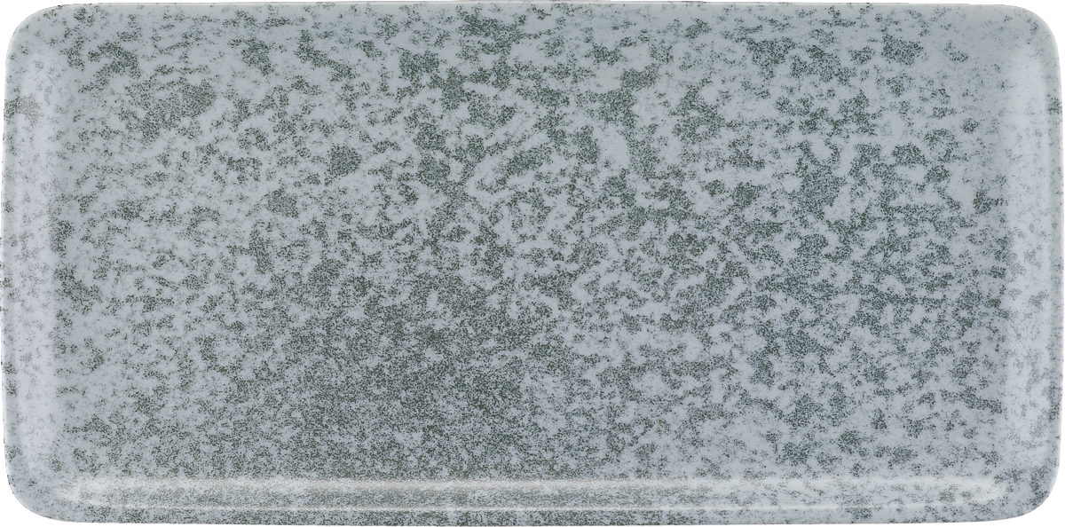 Weiße rechteckige Servierplatte, seitlich.