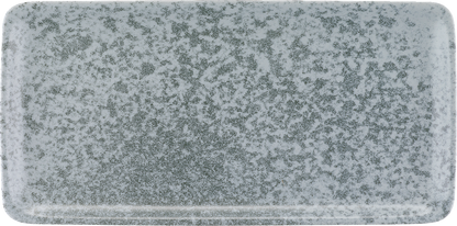 Weiße rechteckige Servierplatte, seitlich.