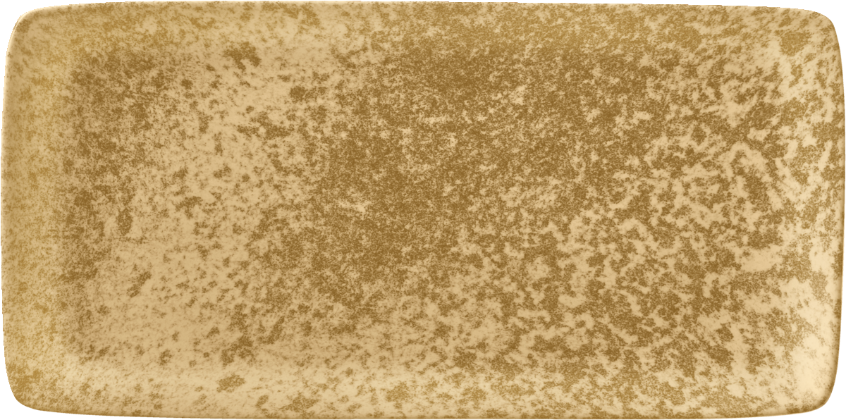 Rechteckiger, gelber Teller mit Muster.