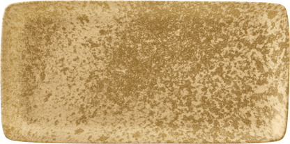 Rechteckiger, gelber Teller mit Muster.