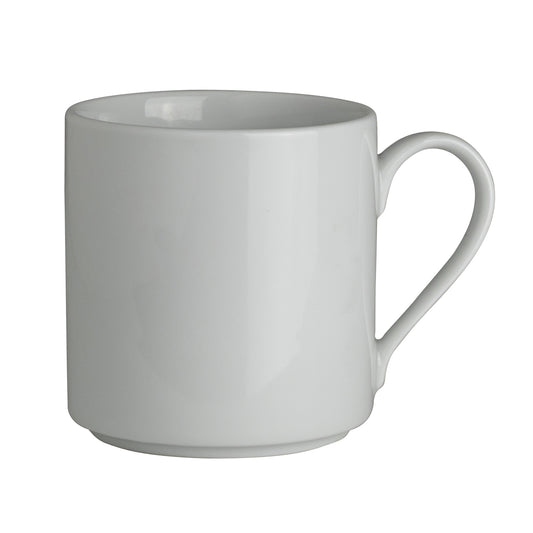 Weiße Tasse mit Henkel.