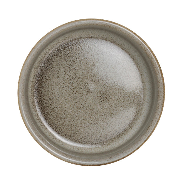 Grauer, runder, leerer Teller.