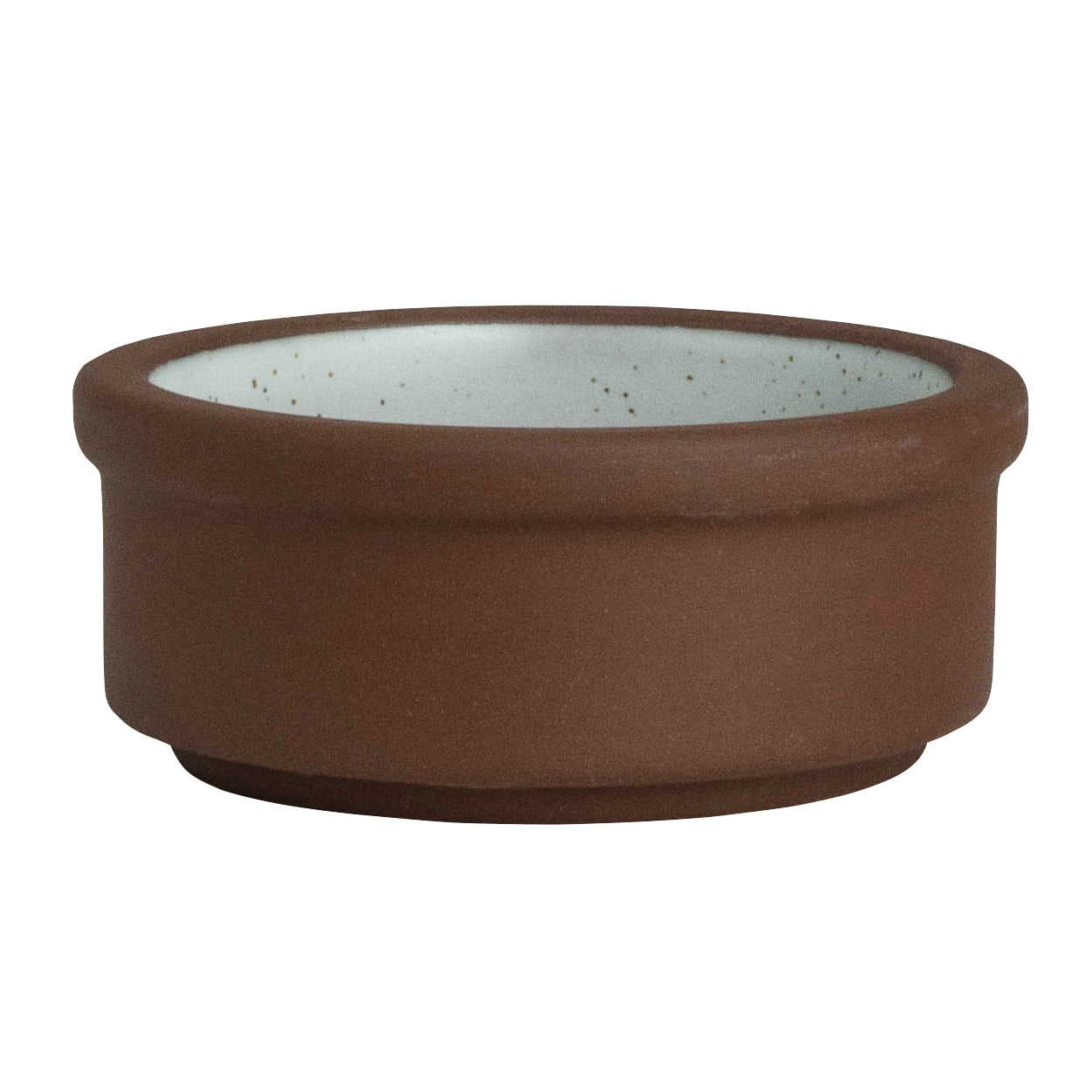 Braune Keramikschale mit weißem Innenraum.