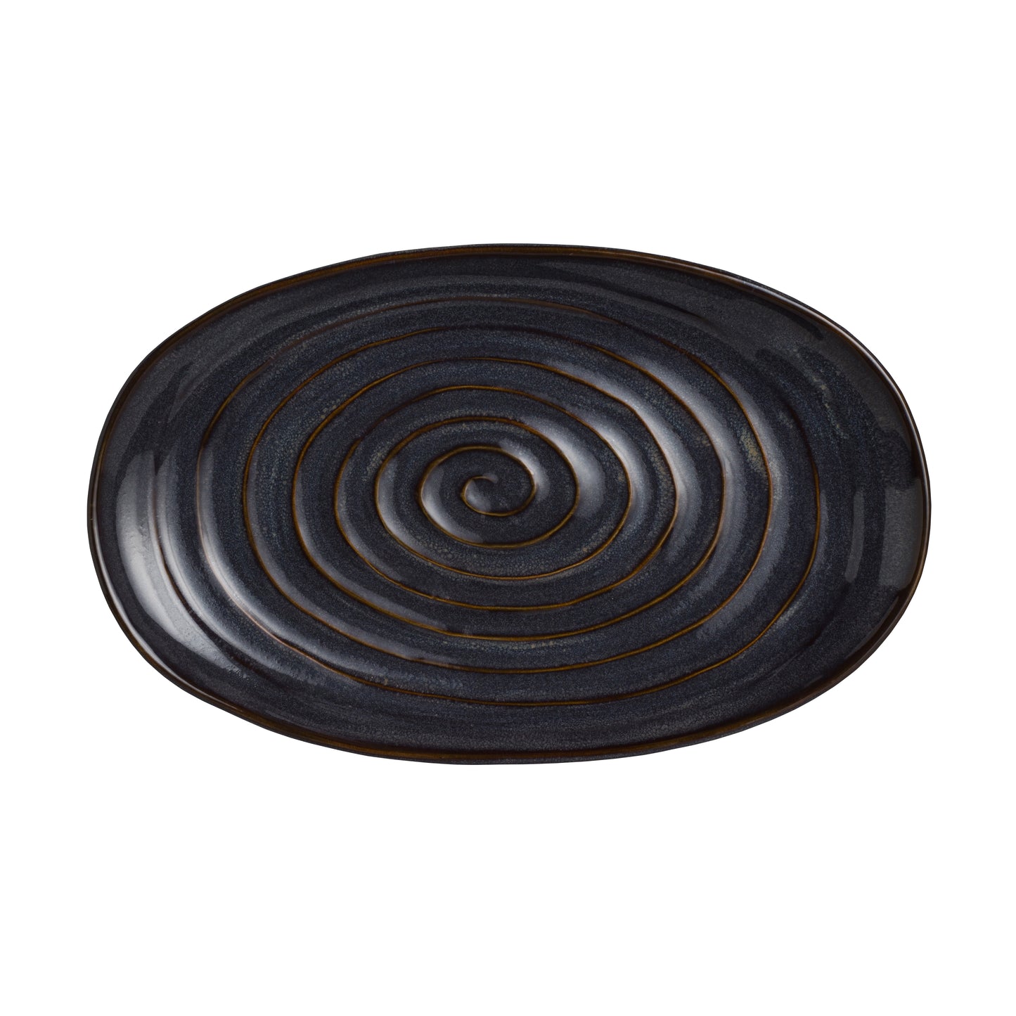 Schwarzer Teller mit Spiralmuster.