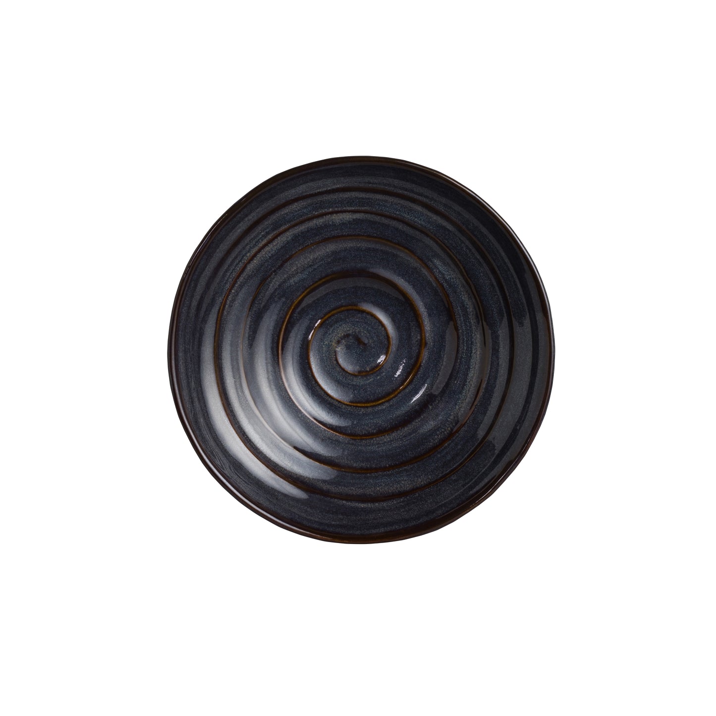 Dunkler Teller mit Spiraldesign.