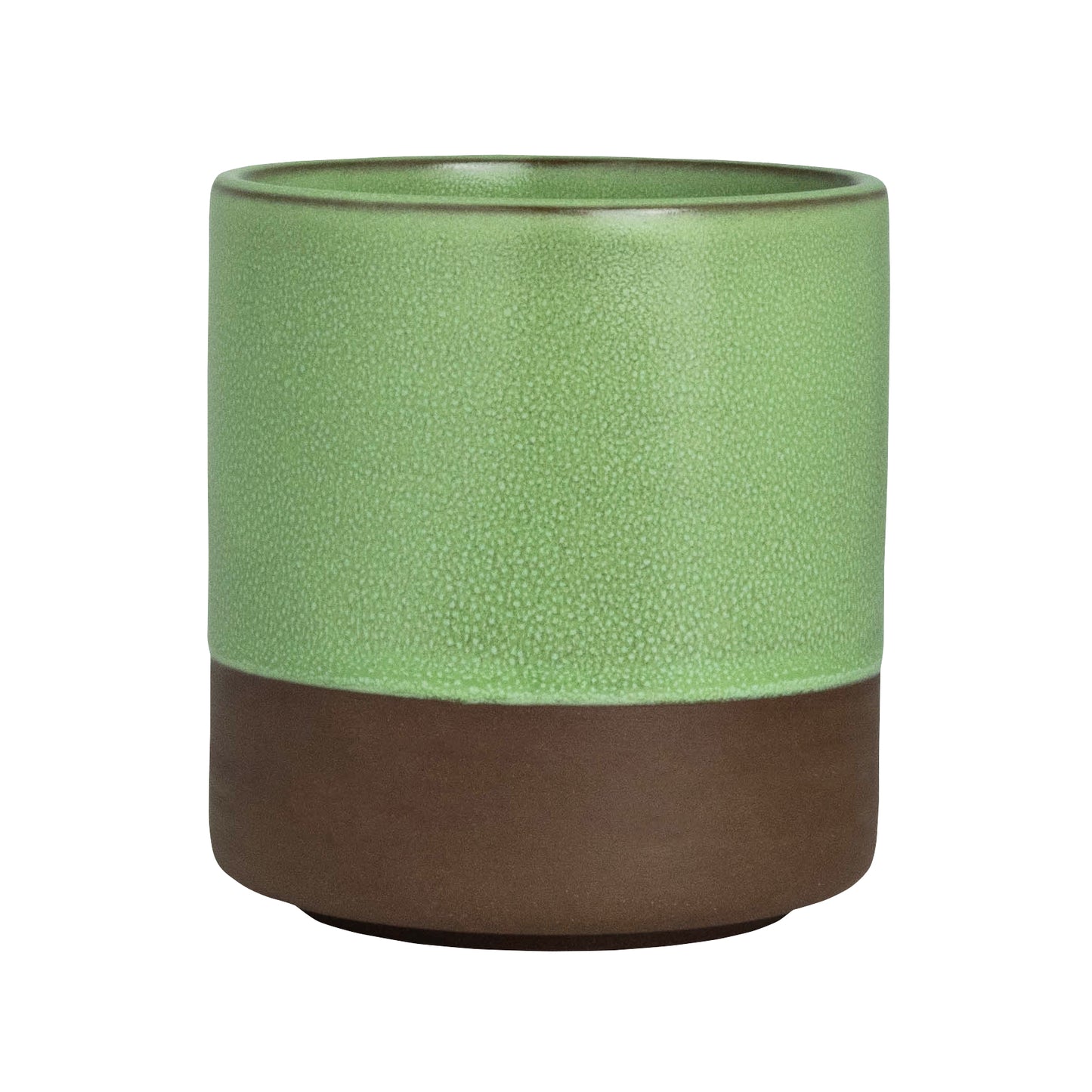 Grüner Becher mit braunem Boden.