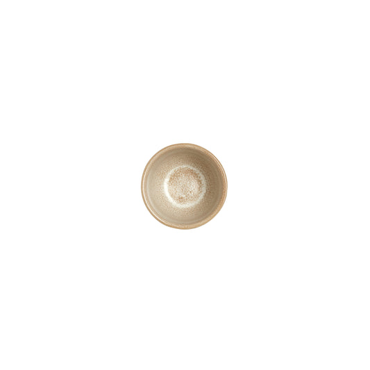 Leerer, beige-rustikaler Teller, Draufsicht.