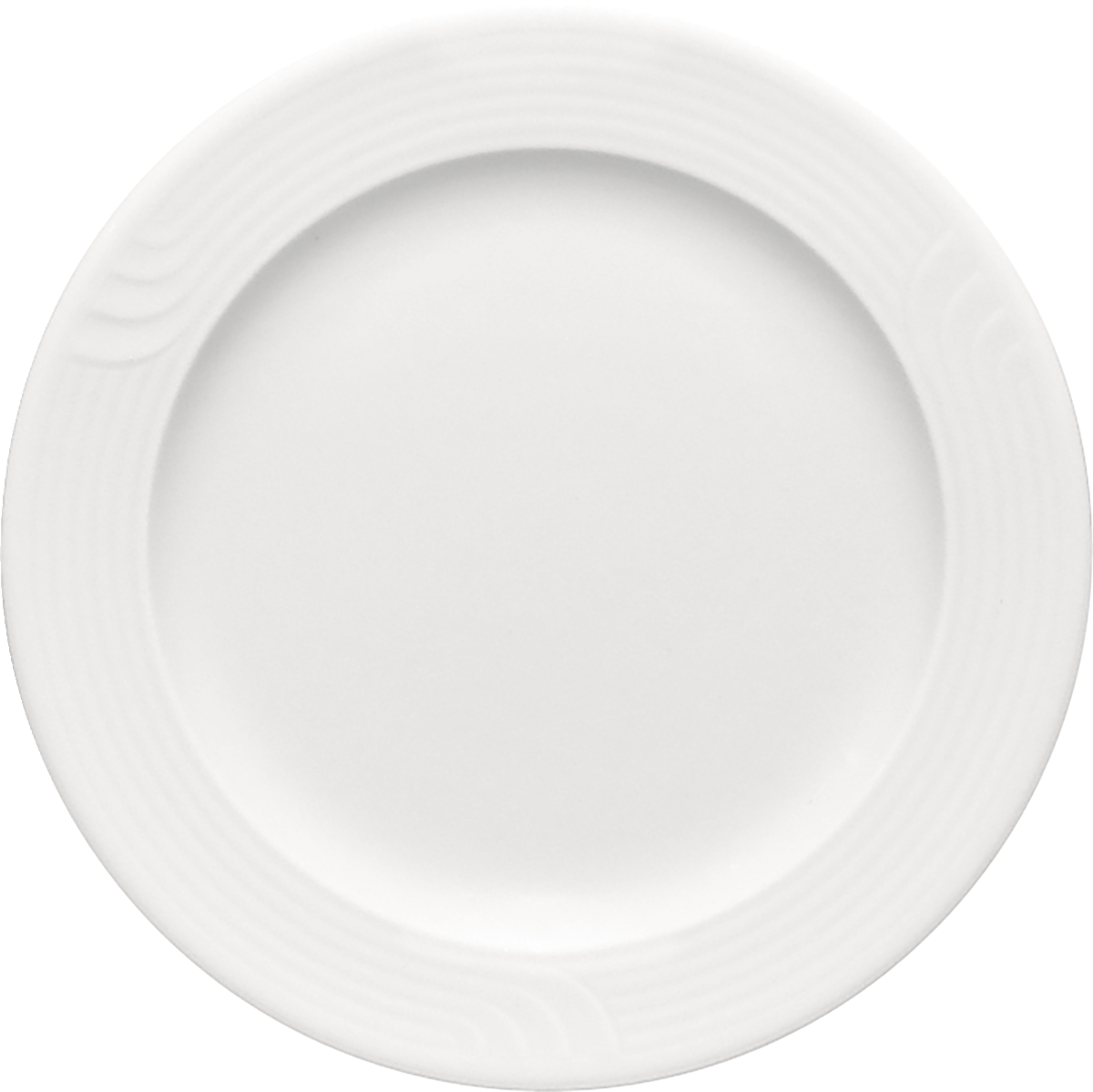 Weißer, flacher Porzellanteller, seitlich.