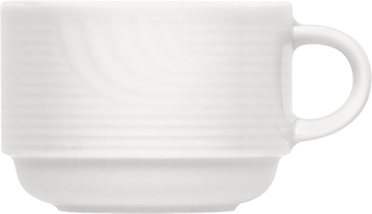 Weiße Tasse mit Henkel.