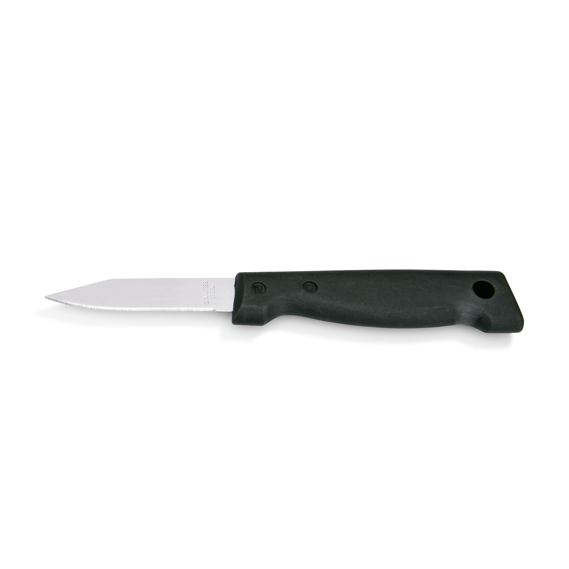 Schwarzes Küchenmesser mit Wellenschliff.