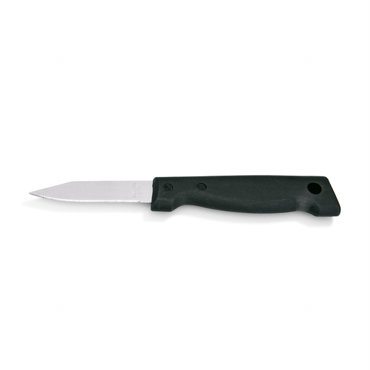 Schwarzes Küchenmesser mit Wellenschliff.