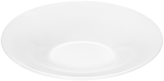 Weißer Porzellanteller, schlichtes Design.