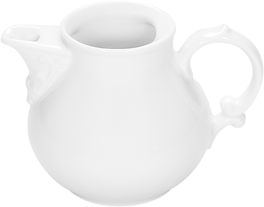 Weiße Porzellan-Milchkanne mit Henkel.