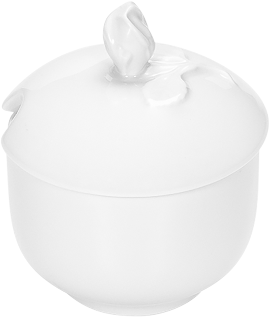 Weiße Porzellanschale mit Deckel.