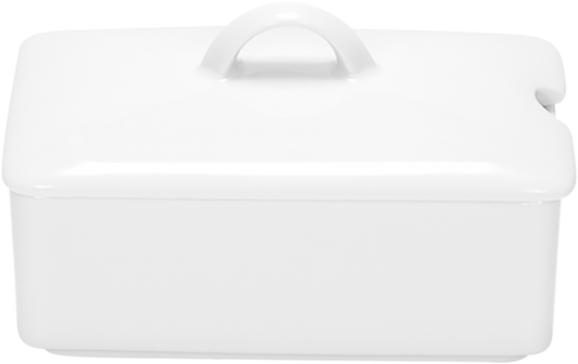 Weiße Porzellanschale mit Deckel.