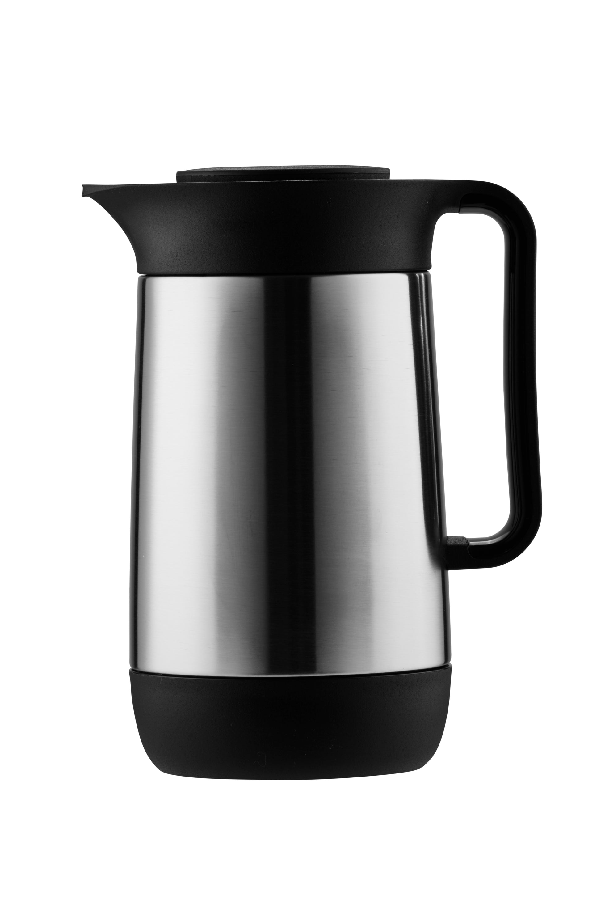 Silberne Thermoskanne mit schwarzem Griff.