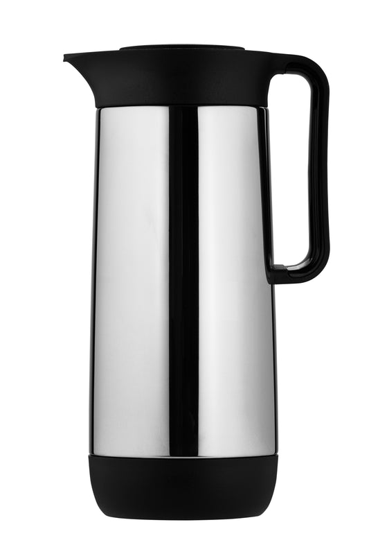 Silberne Thermoskanne mit schwarzem Griff.
