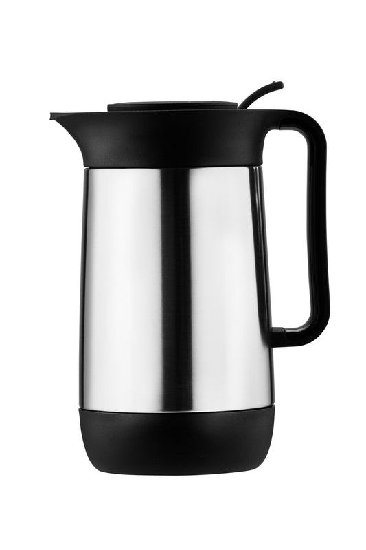 Silberne Thermoskanne mit schwarzem Griff.