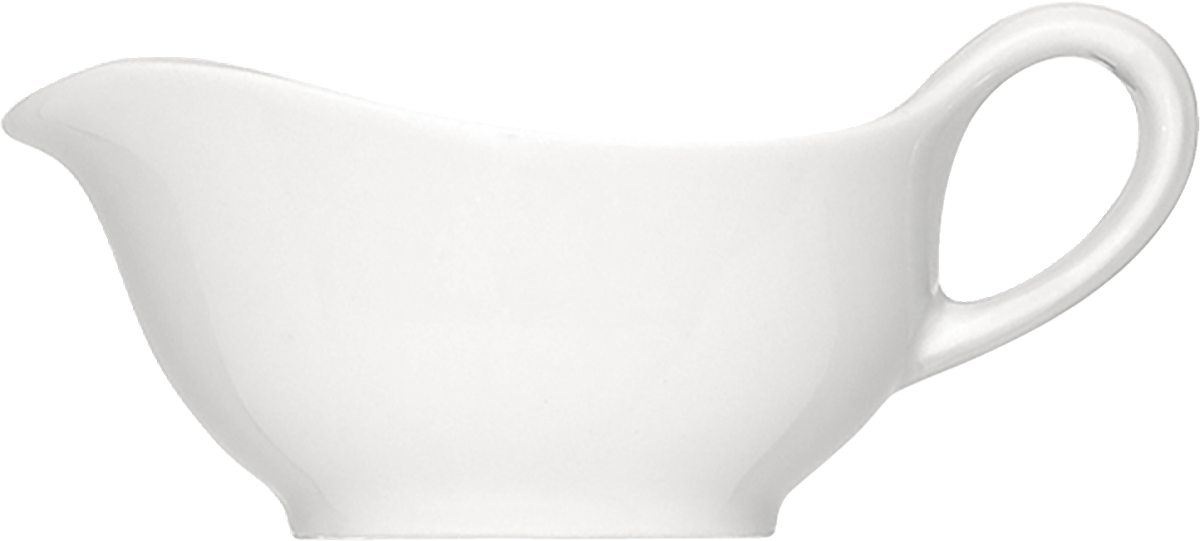 Weiße Porzellan-Sauciere mit Henkel.