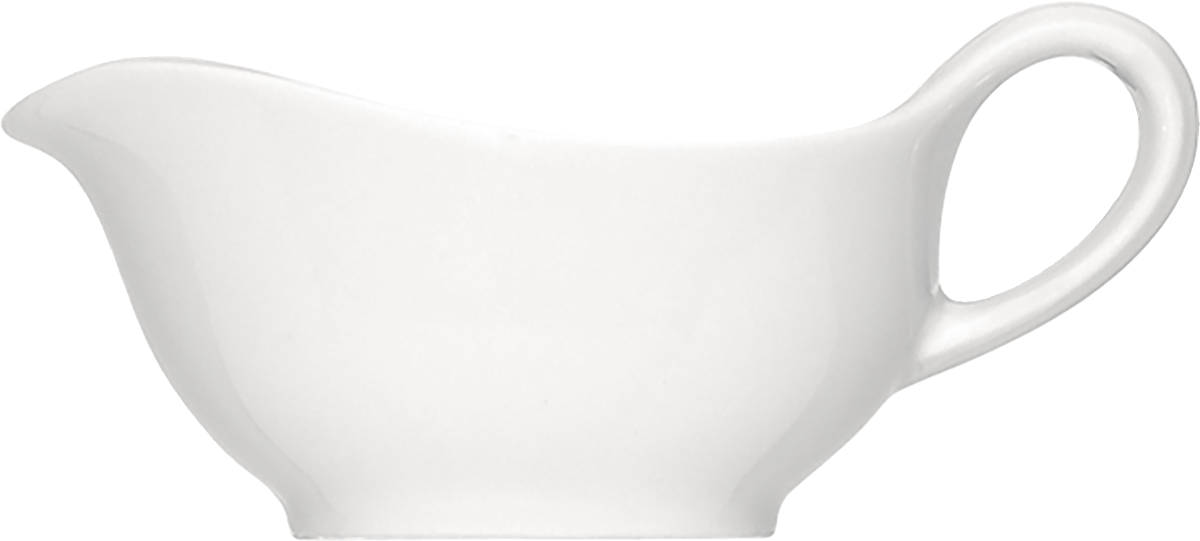 Weiße Porzellan-Sauciere, seitliche Ansicht.