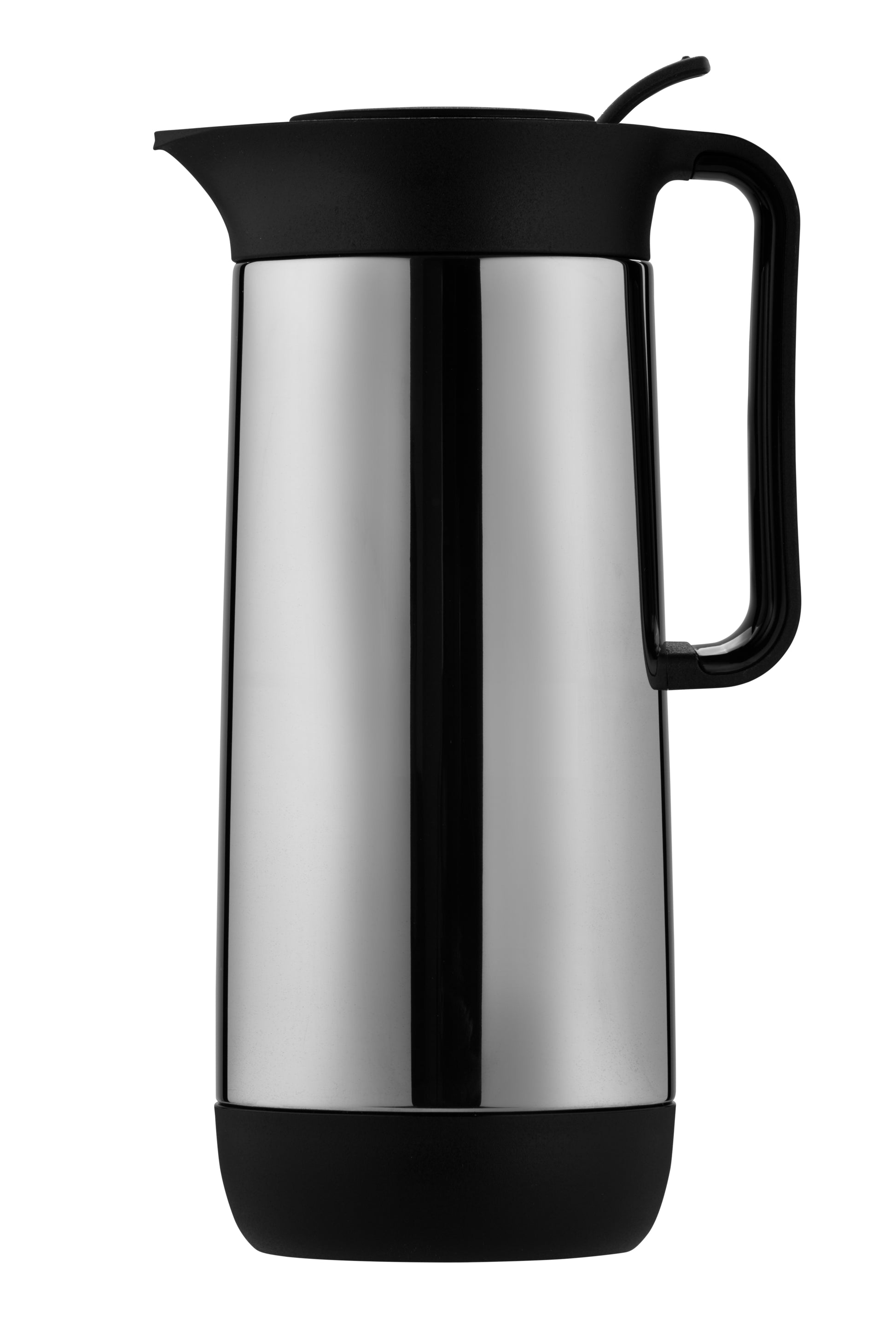 Silberne Thermoskanne mit schwarzem Griff.
