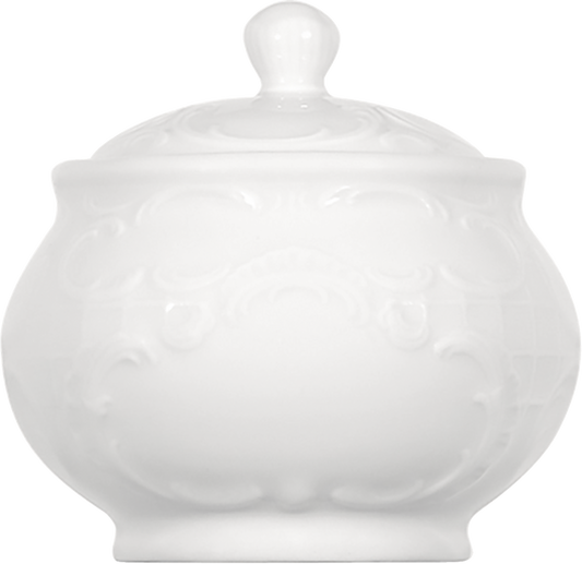 Weiße Porzellandose mit Deckel.