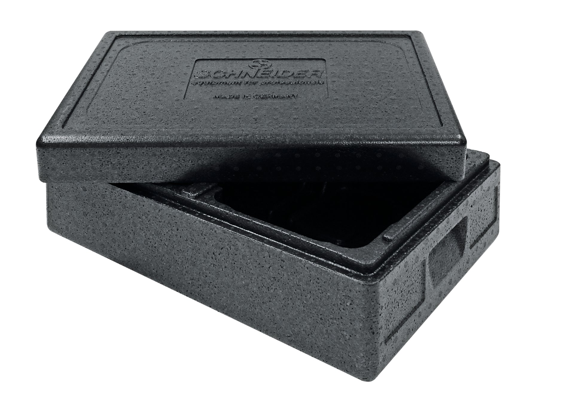 Schwarze Gastronomie-Transportbox, offen.