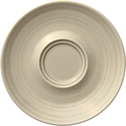 Beige Untertasse mit Doppelmulde.