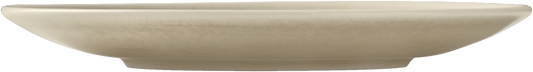 Beige Untertasse mit Doppelmulde.