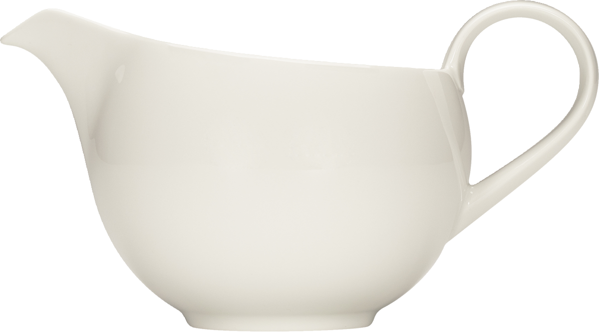 Weiße Porzellan-Sauciere seitlich.