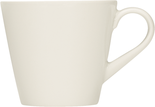 Weiße Tasse mit Henkel.