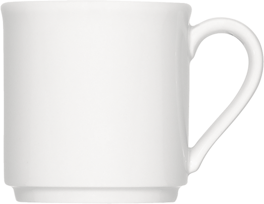Weiße Tasse mit Henkel.