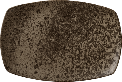 Rechteckige, dunkelbraune Servierplatte.