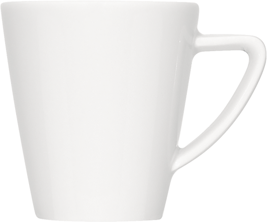 Weiße Tasse mit Henkel.