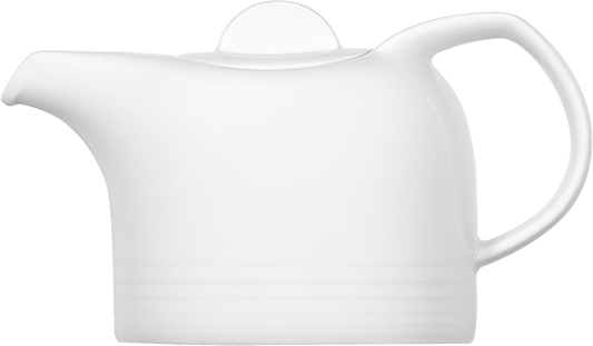 Weiße Teekanne mit Henkel.