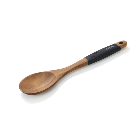 Holzlöffel mit schwarzem Griff.