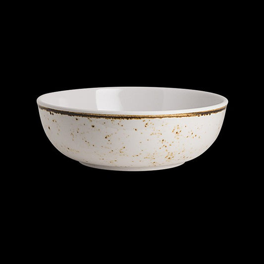 Weiße Schüssel mit braunen Sprenkeln.