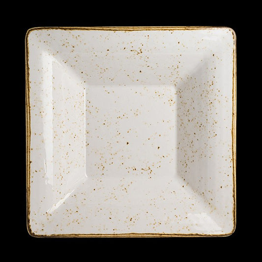 Quadratischer, gesprenkelter, weißer Teller.