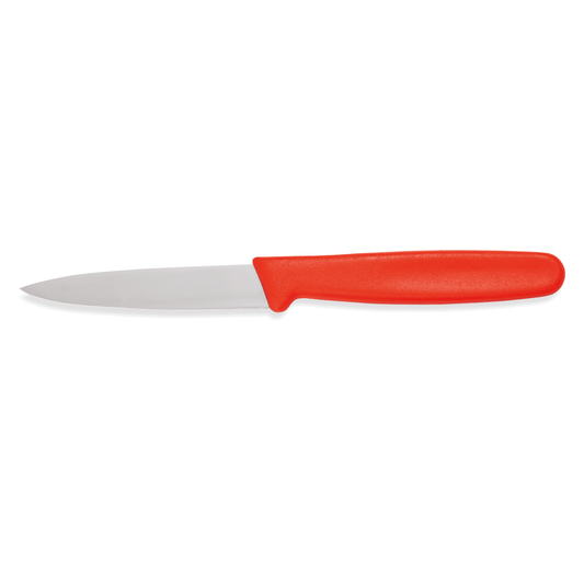 Rotes Küchenmesser mit weißer Klinge.