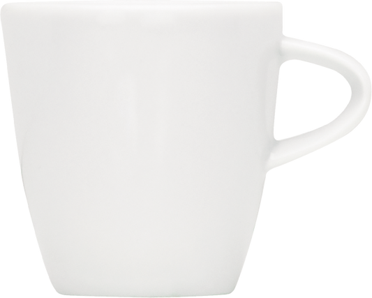 Weiße Tasse mit Henkel.