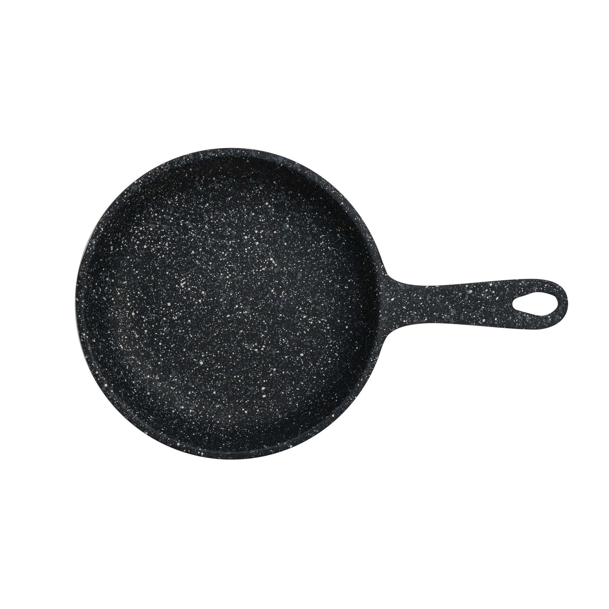 Schwarze Bratpfanne mit Griff.