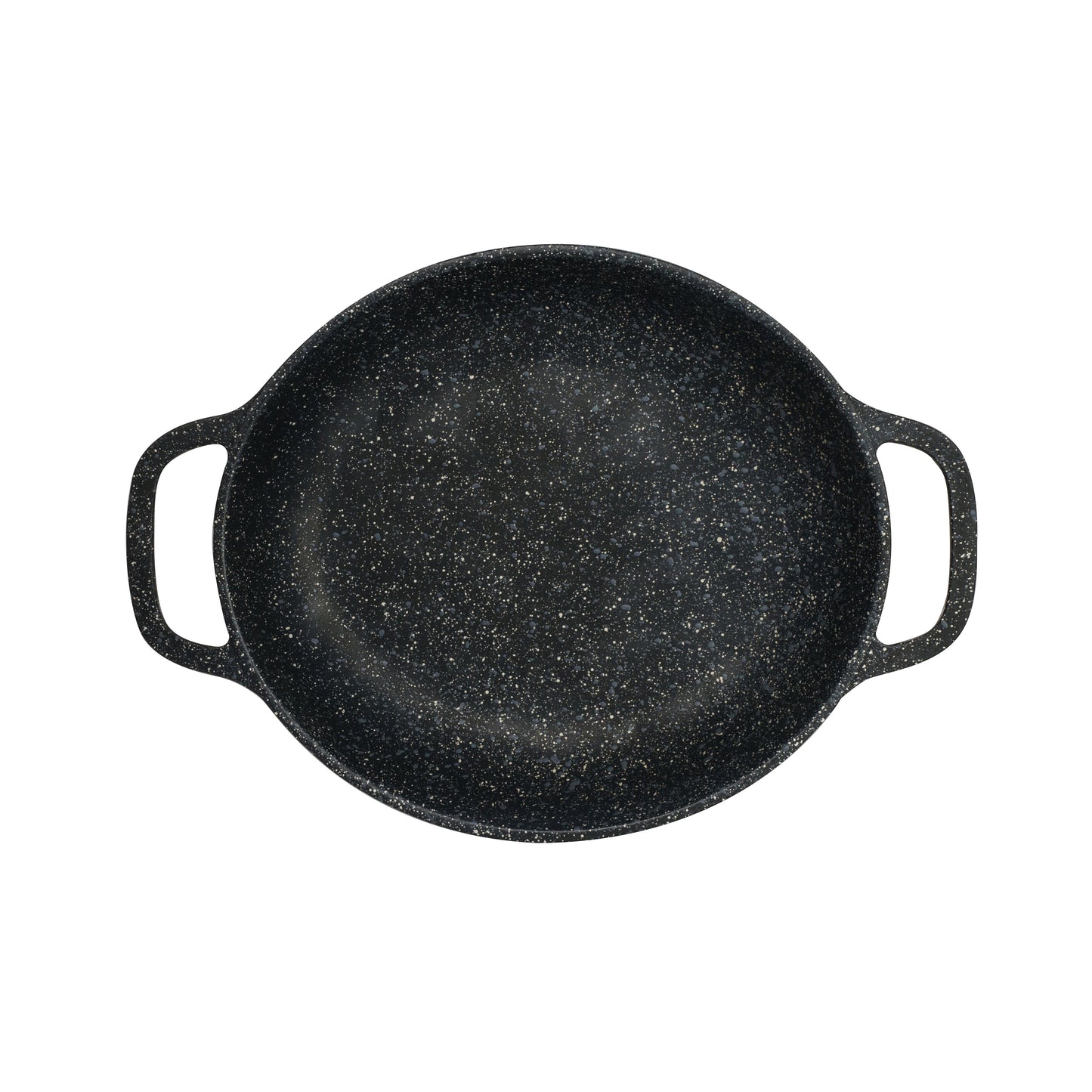 Schwarze Pfanne mit zwei Griffen.