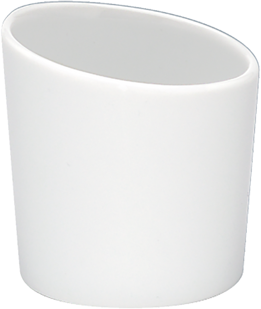 Weißer, schräger Porzellanbecher.