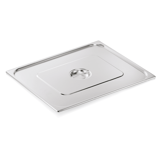 Edelstahl-Gastronorm-Deckel auf weißem Hintergrund.