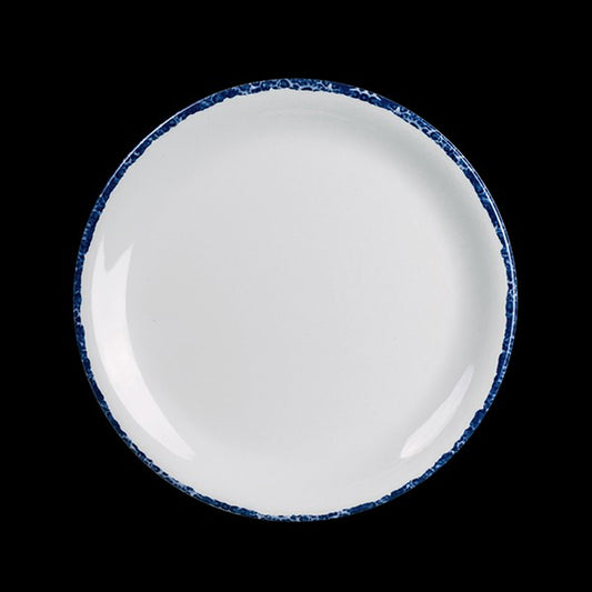 Weißer Teller mit blauem Rand.