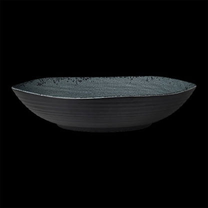 Schwarze, ovale Servierschale, leer.