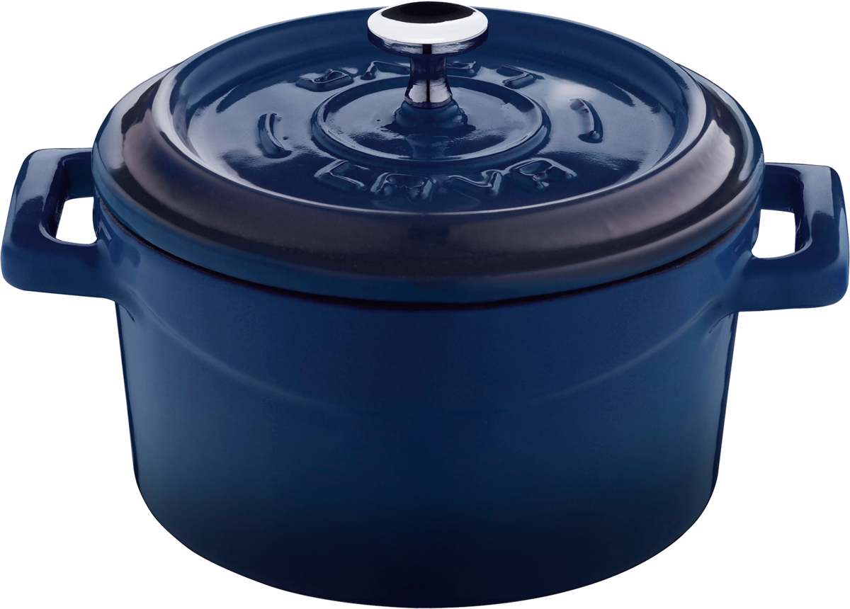 Blauer Kochtopf mit Deckel.