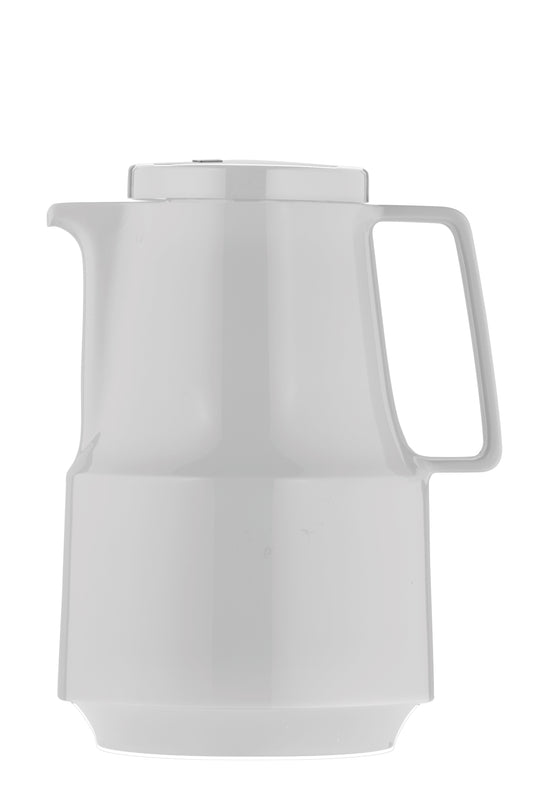 Weiße Thermoskanne mit Henkel und Deckel.