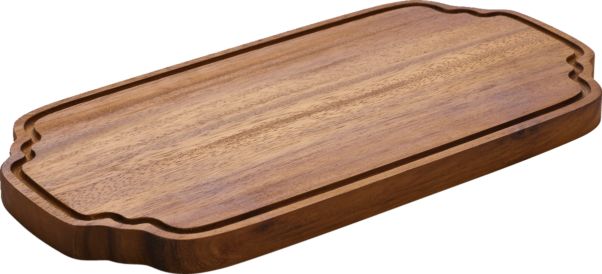 Holztablett mit dekorativem Rand.